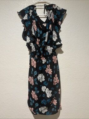 Merona Black Floral Ruffle Dress with Blue White and Pink Flowers